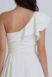 One Shoulder Ruffled Ivory Ruched A line Graduation Dress