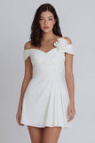 Off The Shoulder Ruched A line Ivory Mini Graduation Dress with 3D Flower