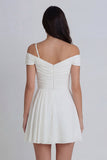 Off The Shoulder Ruched A line Ivory Mini Graduation Dress with 3D Flower