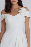 Off The Shoulder Ruched A line Ivory Mini Graduation Dress with 3D Flower