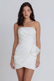 Strapless A Line Ruched Ivory Ruffled Graduation Dress