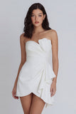 Ruched A Line Ruffled Asymmetrical Neck Ivory Graduation Dress