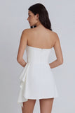 Ruched A Line Ruffled Asymmetrical Neck Ivory Graduation Dress
