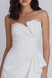 Ruched A Line Ruffled Asymmetrical Neck Ivory Graduation Dress