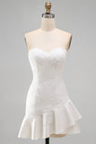 Sweetheart Ivory A Line Ruffled Beaded Floral Graduation Dress