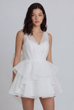 A Line Ivory V-Neck Ruffled Graduation Dress with Bow