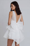 A Line Ivory V-Neck Ruffled Graduation Dress with Bow
