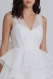 A Line Ivory V-Neck Ruffled Graduation Dress with Bow