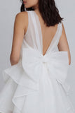 A Line Ivory V-Neck Ruffled Graduation Dress with Bow
