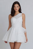 One Shoulder A Line Ivory Ruched Ruffled Graduation Dress