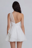 One Shoulder A Line Ivory Ruched Ruffled Graduation Dress