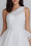 One Shoulder A Line Ivory Ruched Ruffled Graduation Dress