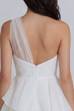 One Shoulder A Line Ivory Ruched Ruffled Graduation Dress