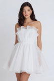 Ivory A Line Ruffled Mini Graduation Dress with Bow