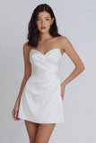 Sweetheart A Line Ruched Ivory Satin Graduation Dress
