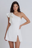 One Shoulder A Line Ivory Ruffled Graduation Dress with Slit