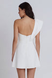 One Shoulder A Line Ivory Ruffled Graduation Dress with Slit