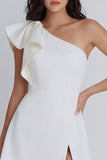 One Shoulder A Line Ivory Ruffled Graduation Dress with Slit