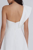 One Shoulder A Line Ivory Ruffled Graduation Dress with Slit