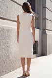 Ivory Asymmetrical Neck Ruched Midi Work Dress with Slit