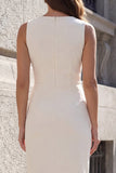 Ivory Asymmetrical Neck Ruched Midi Work Dress with Slit