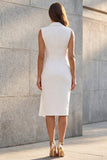 Notched Lapel Ruched White Bodycon Midi Work Dress