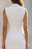 Notched Lapel Ruched White Bodycon Midi Work Dress