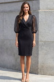 Shawl Lapel Black Bodycon Work Dress with 3/4 Sleeves