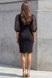 Shawl Lapel Black Bodycon Work Dress with 3/4 Sleeves