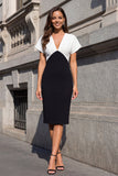 Colorblock Black and White Bodycon Work Dress with Short Sleeves