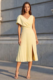 Pleated A Line Yellow Midi Work Dress with Slit