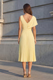 Pleated A Line Yellow Midi Work Dress with Slit