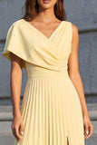 Pleated A Line Yellow Midi Work Dress with Slit