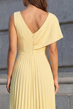 Pleated A Line Yellow Midi Work Dress with Slit