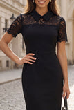 Black Lace Short Sleeve Bodycon Work Dress with Slit