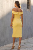 Off the Shoulder Yellow Ruffled Midi Work Dress