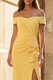 Off the Shoulder Yellow Ruffled Midi Work Dress