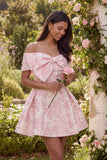 Floral Pink A Line Off The Shoulder Bow Mini Dress