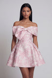 Floral Pink A Line Off The Shoulder Bow Mini Dress