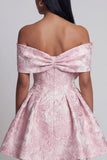 Floral Pink A Line Off The Shoulder Bow Mini Dress