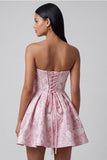 Pink A Line Floral Jacquard Sweetheart Mini Dress with Bow