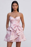 Pink A Line Floral Jacquard Sweetheart Mini Dress with Bow