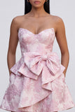 Pink A Line Floral Jacquard Sweetheart Mini Dress with Bow