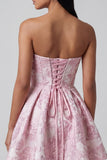 Pink A Line Floral Jacquard Sweetheart Mini Dress with Bow