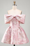 Off The Shoulder Bow Pink A Line Jacquard Floral Mini Dress