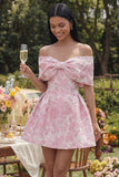Off The Shoulder Bow Pink A Line Jacquard Floral Mini Dress