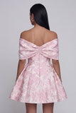 Off The Shoulder Bow Pink A Line Jacquard Floral Mini Dress