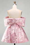 Off The Shoulder Bow Pink A Line Jacquard Floral Mini Dress