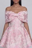 Off The Shoulder Bow Pink A Line Jacquard Floral Mini Dress
