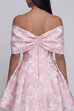 Off The Shoulder Bow Pink A Line Jacquard Floral Mini Dress